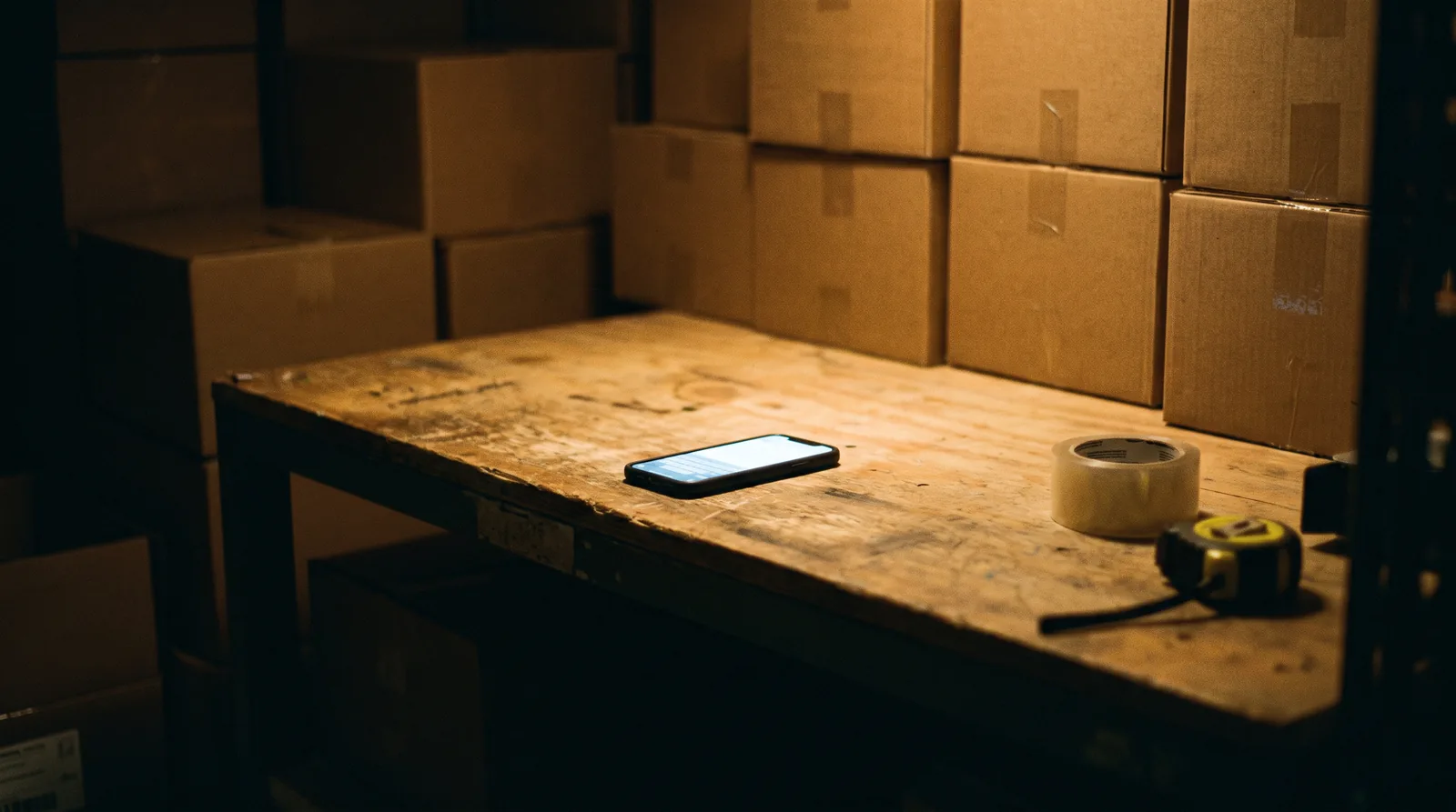 Mesa de trabajo de un depósito de noche, con cajas y un celular encendido